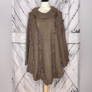 Sanjoy Brown Pullover Swing Ponch w/Sleeves Fur Trim L